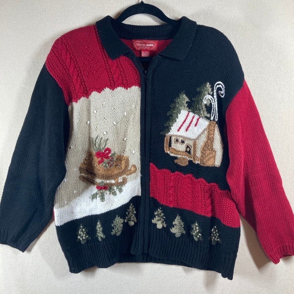Vtg Venzia Christmas Cardigan 14/16 Black/Red Zip Up Double Side‎ Cottagecore